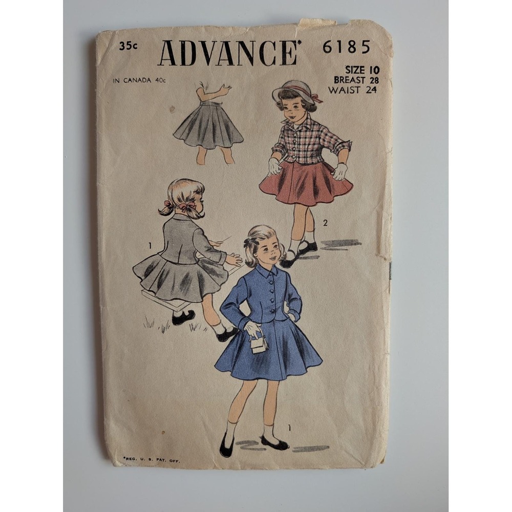 Advance 6185 Girls Sewing Pattern Size 10 Jacket Skirt Suit 28 Bust VTG 1950s